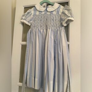 Blue and white girls smocked dress with Peter Pan collar, Size 4T